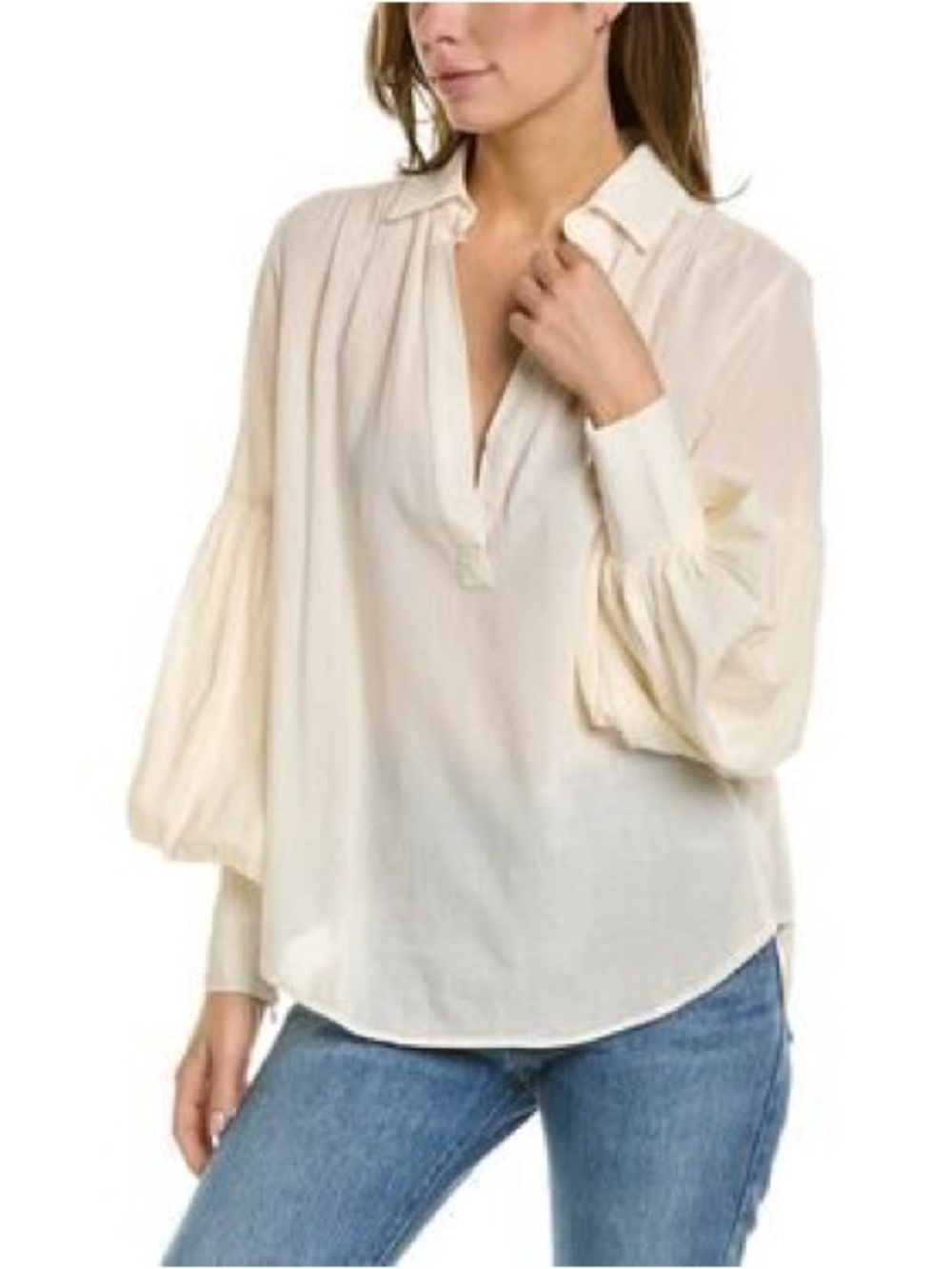Cream Balloon-Sleeve Deep V-Neck Blouse 100% Cotton